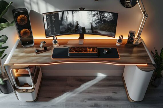 Nowoczesne biurko gamingowe drewno orzech z oświetleniem LED