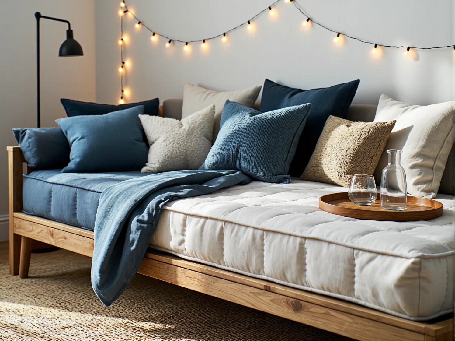 Nowoczesna aranżacja kącika wypoczynkowego w kawalerce z fotelem uszakiem.