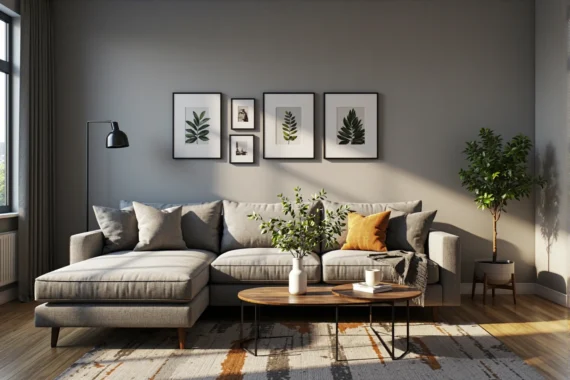 Szara sofa narożna z szezlongiem i poduszkami dekoracyjnymi