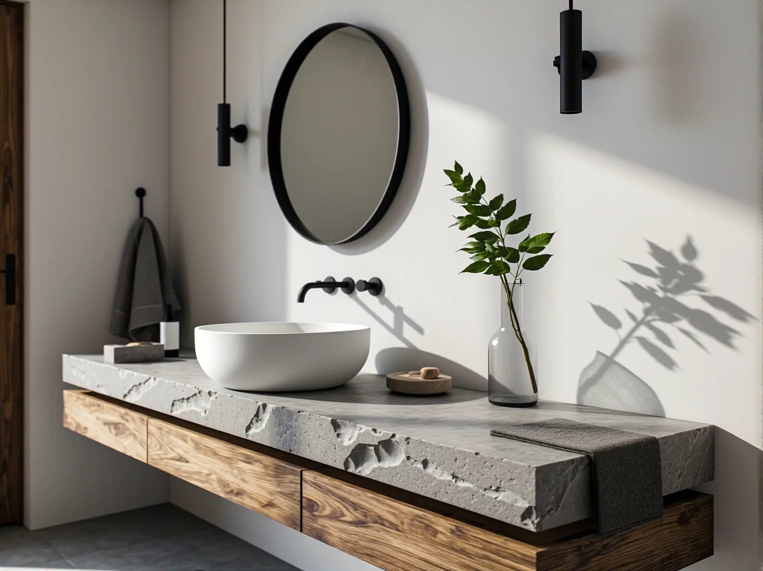 Elegancki pokój hotelowy z prostym łóżkiem, drewnianymi akcentami i stonowaną kolorystyką