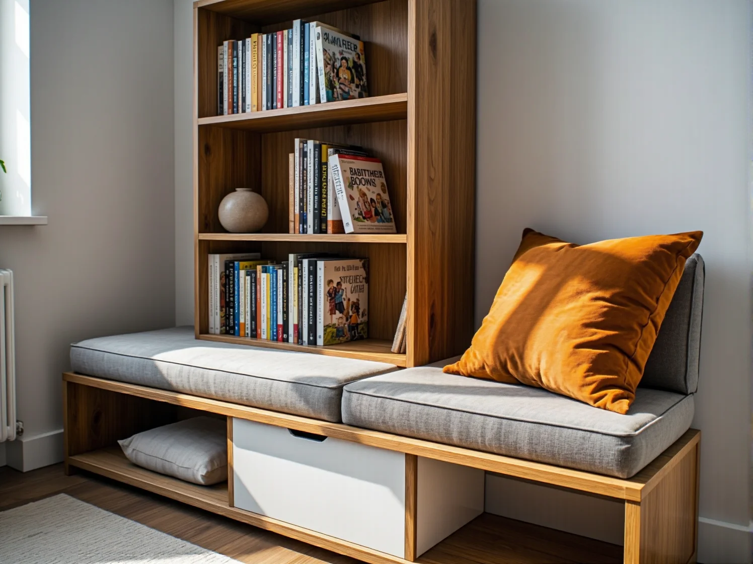 Niskie regały i łóżko w stylu Montessori wspierające samodzielność malucha