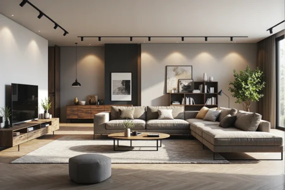 Narożna sofa beżowa z szezlongiem i dekoracyjnymi poduszkami