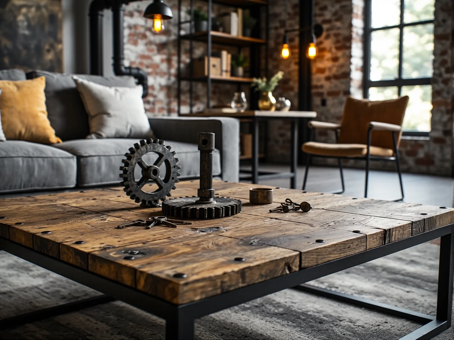 Aranżacja salonu w stylu industrialnym z małym stolikiem kawowym na kółkach