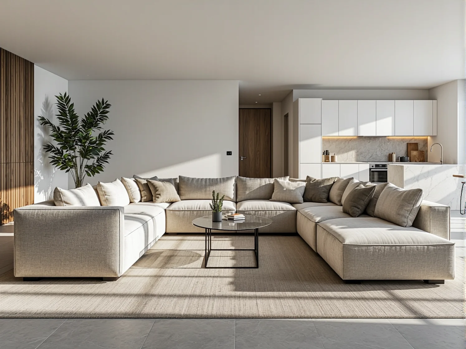 Welurowy narożnik jako centrum aranżacji salonu połączonego z kuchnią