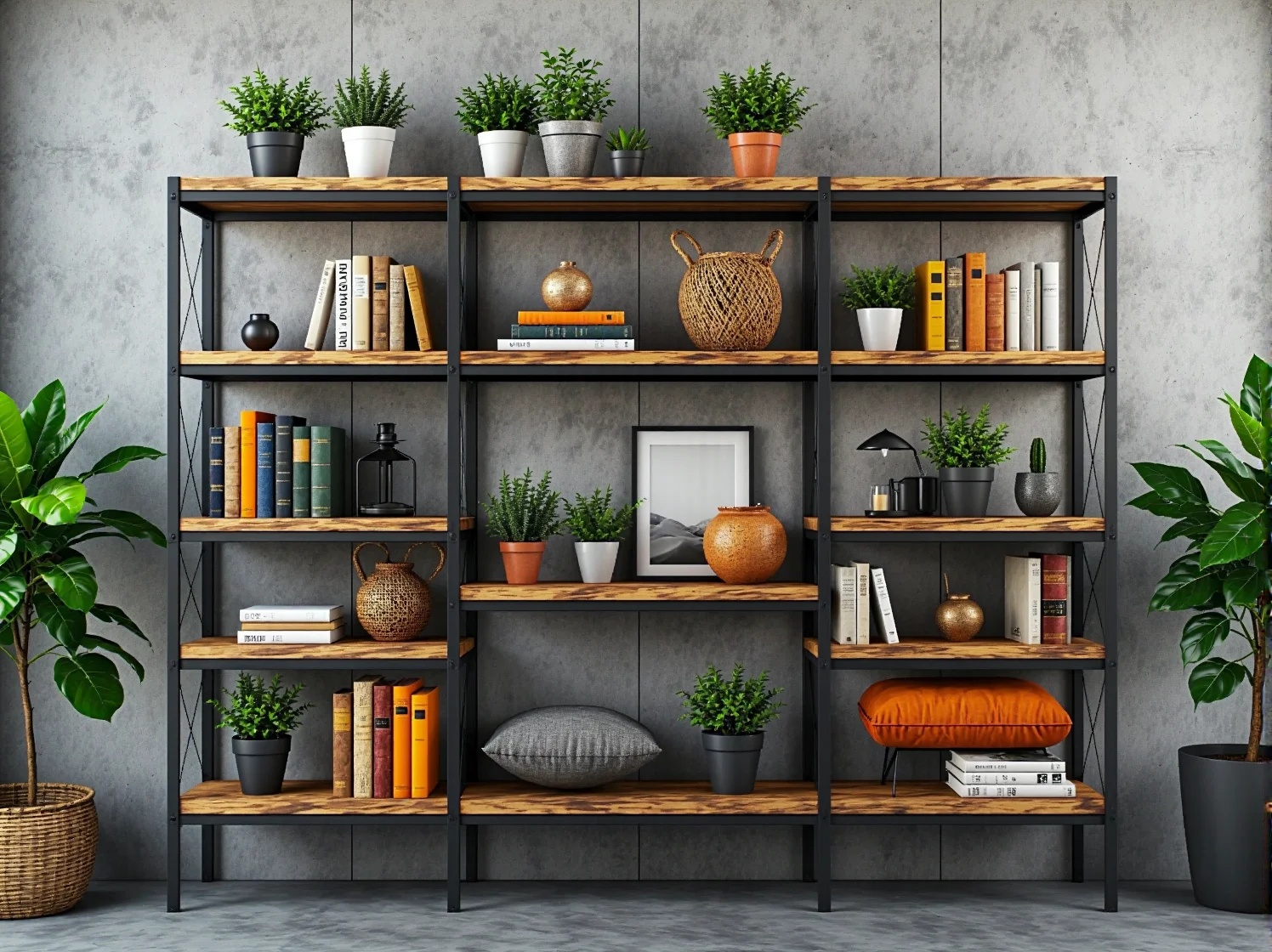 Ściana z czerwonej cegły i czarny metalowy regał w nowoczesnej aranżacji soft loft