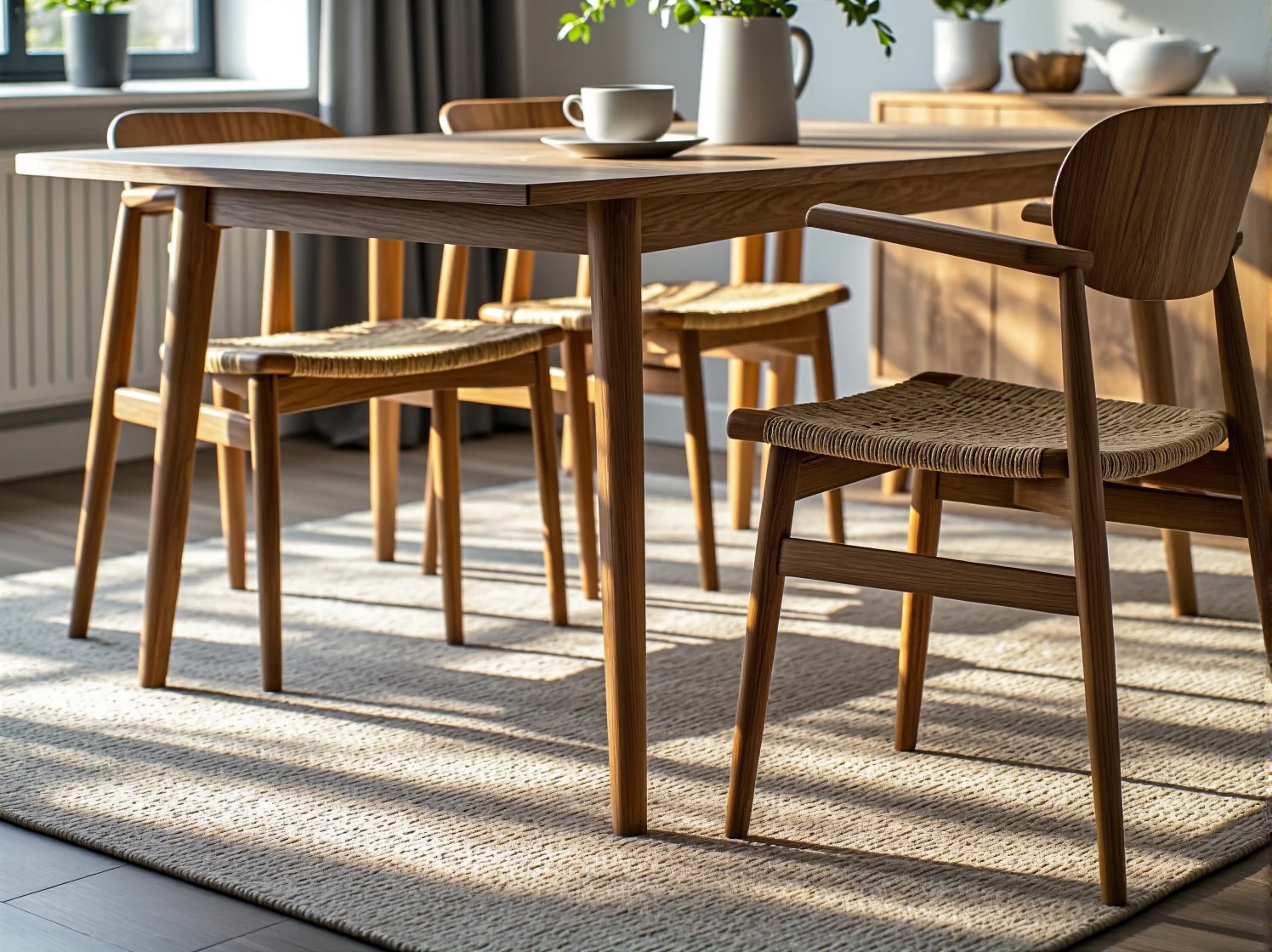 Aranżacja jadalni ze stołem rozkładanym w stylu scandi, nowoczesne krzesła i naturalne dodatki.