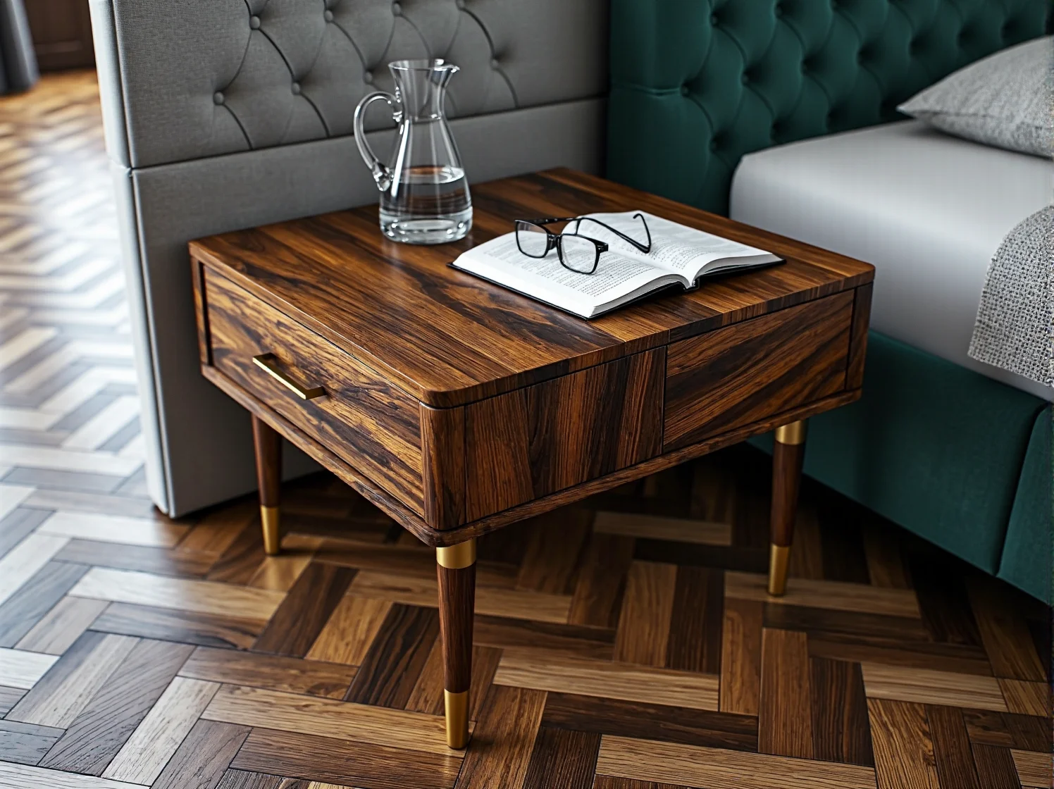 Stylowa aranżacja sypialni z szafką retro i dodatkami