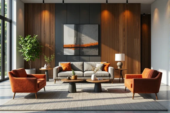 Zestaw wypoczynkowy szara sofa z pomarańczowymi fotelami i stolikami