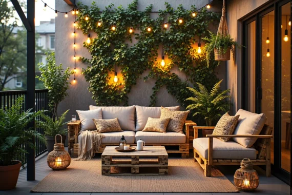 Zestaw mebli ogrodowych drewnianych z beżowymi poduszkami w stylu boho