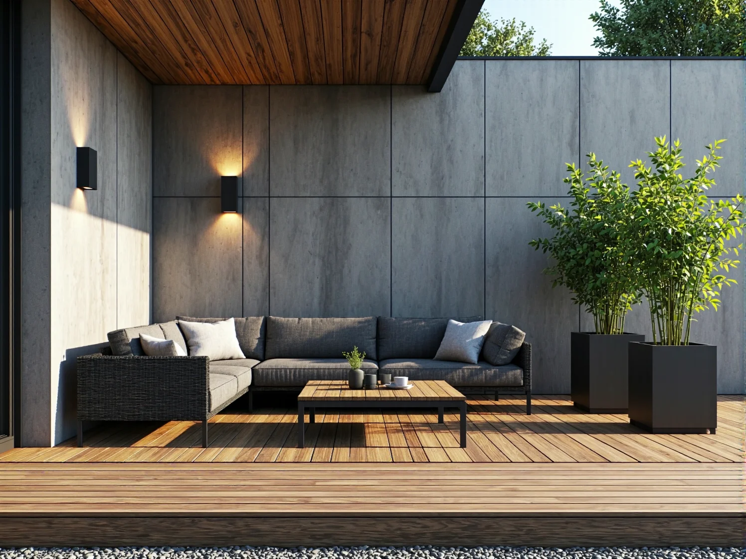 Ciepłe światło 3000K na szarej elewacji z betonu – przytulny efekt