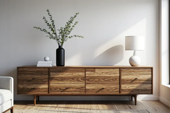 Niska komoda dębowa z sześcioma szufladami na drewnianych nóżkach