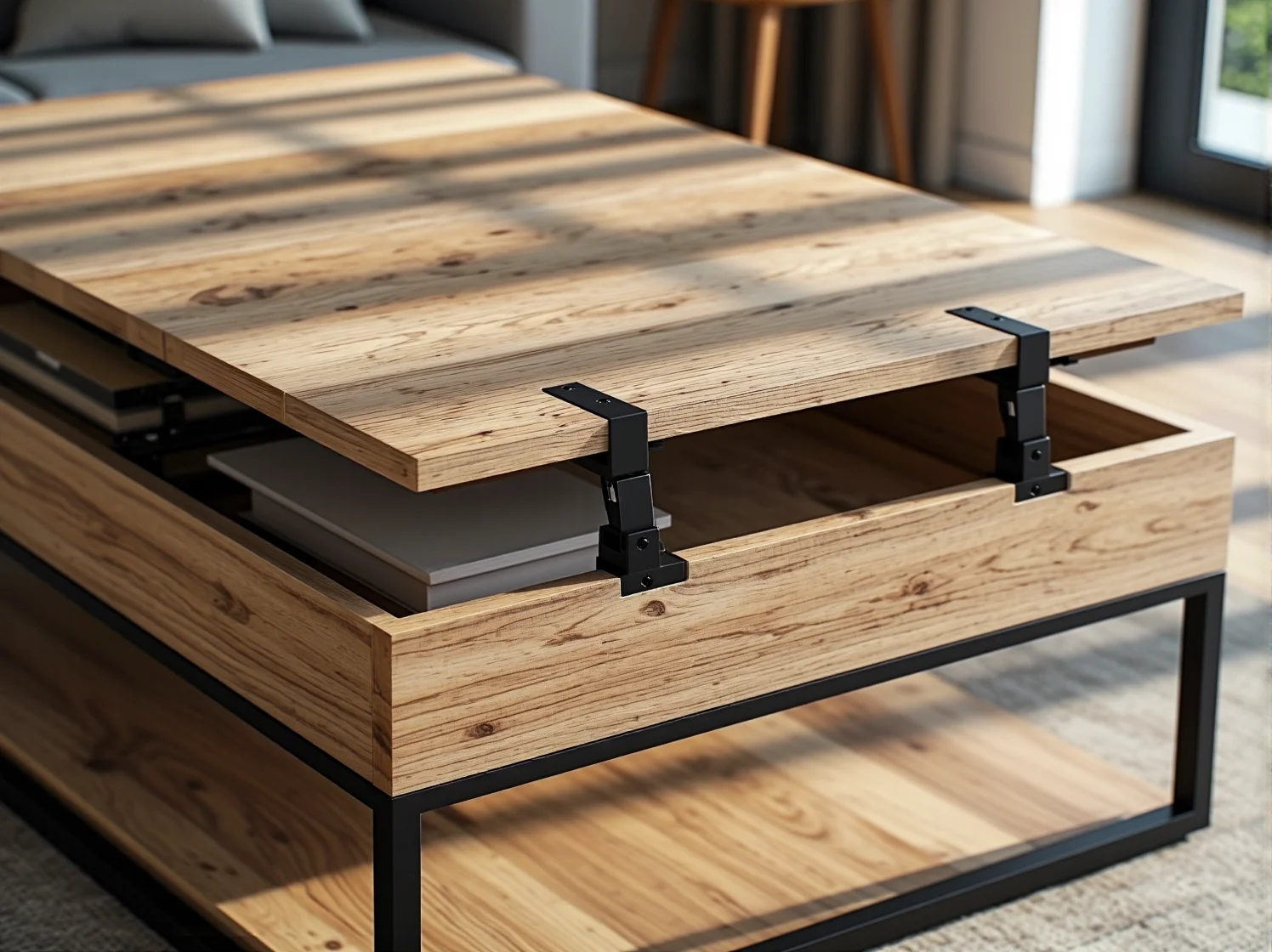 Biała ława z funkcją podnoszenia blatu idealna do pracy zdalnej i jedzenia posiłków.