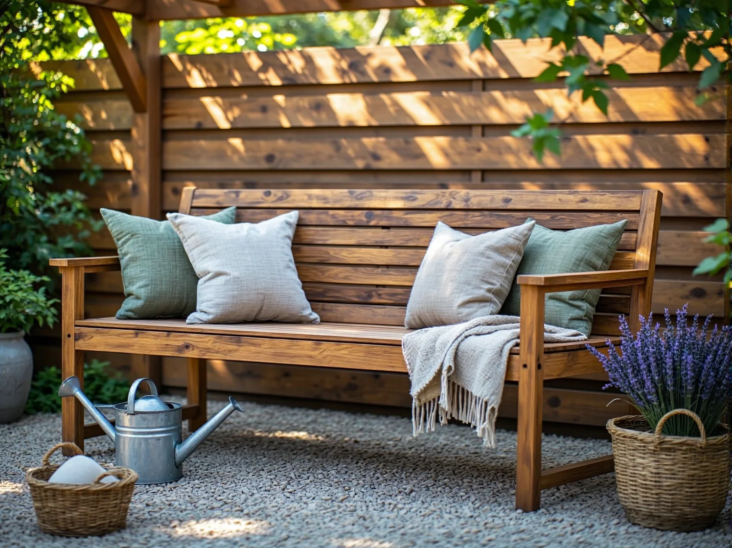 Białe drewniane meble ogrodowe w stylu vintage. Przykład trwałego i ponadczasowego wyposażenia ogrodu.