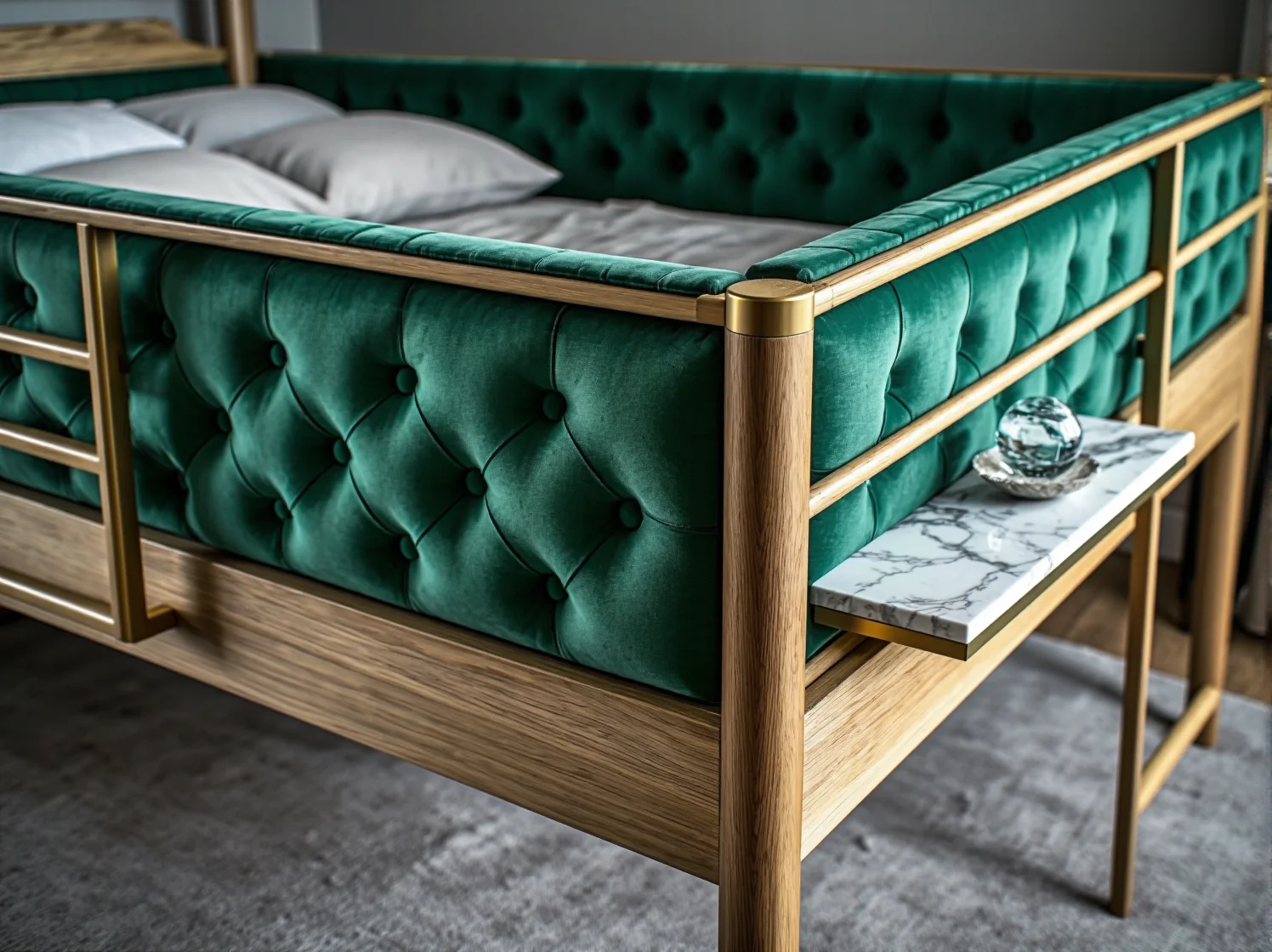 Stylowe białe łóżko piętrowe ze złotymi detalami i bezpieczną drabinką. Eleganckie wnętrze glamour.