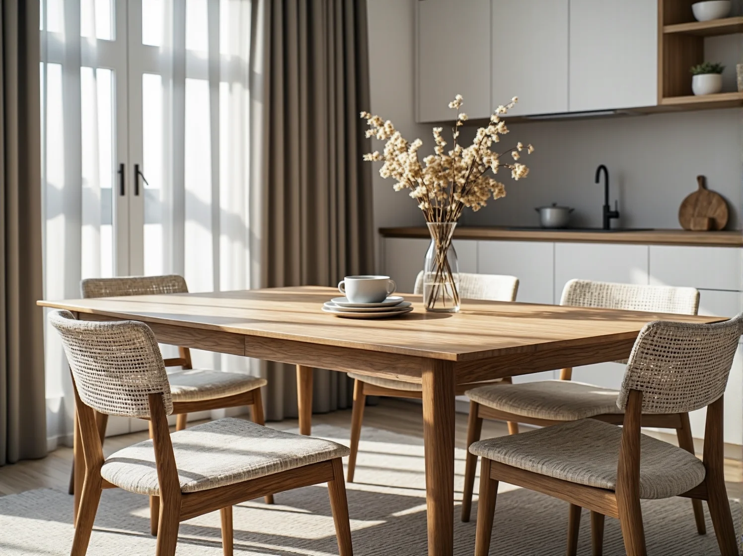 Połączenie bieli i jasnego naturalnego drewna w kuchni w stylu skandynawskim