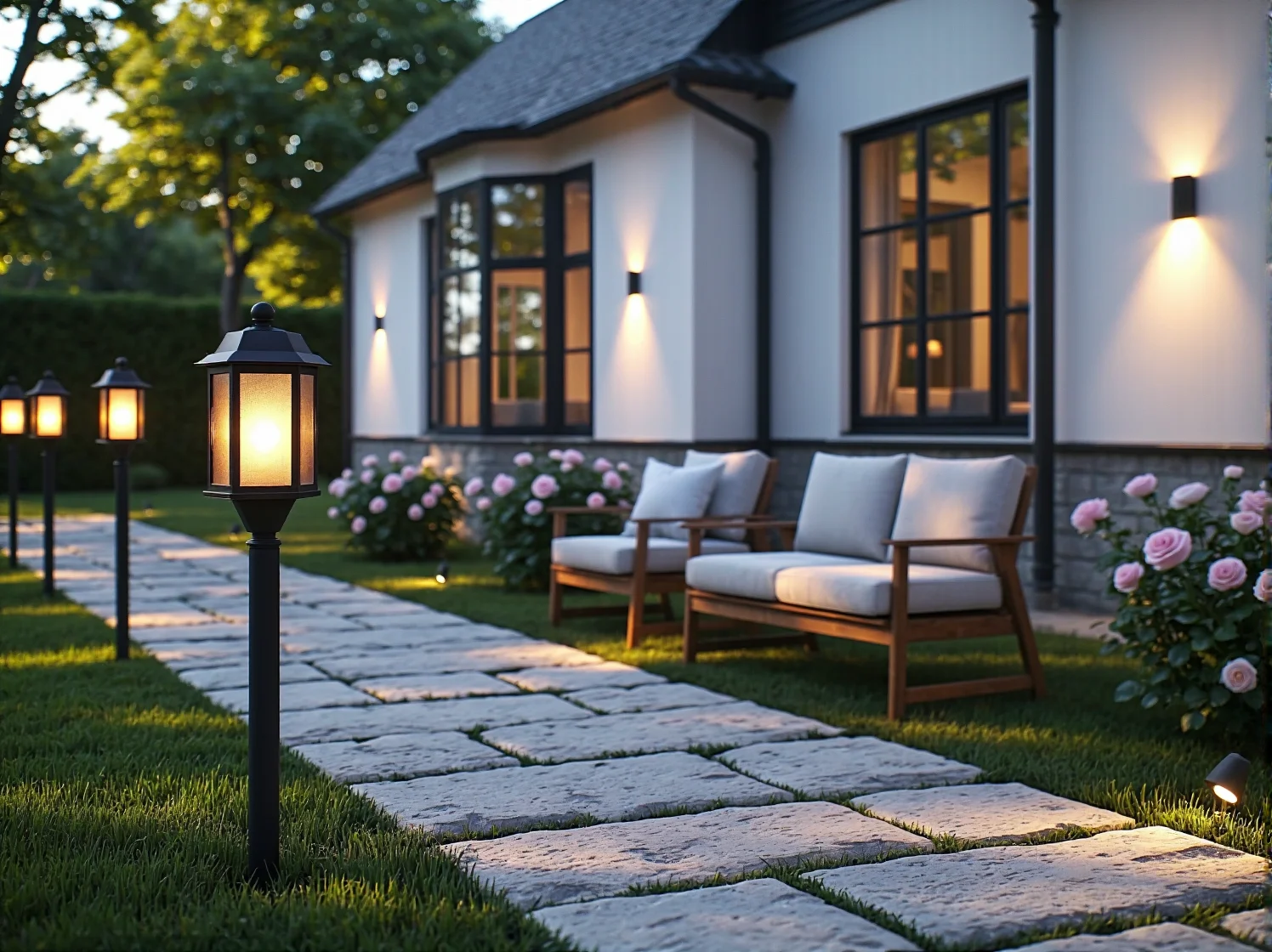 Wieczorna iluminacja domu ciepłym światłem lamp elewacyjnych, tworząca przytulny nastrój.