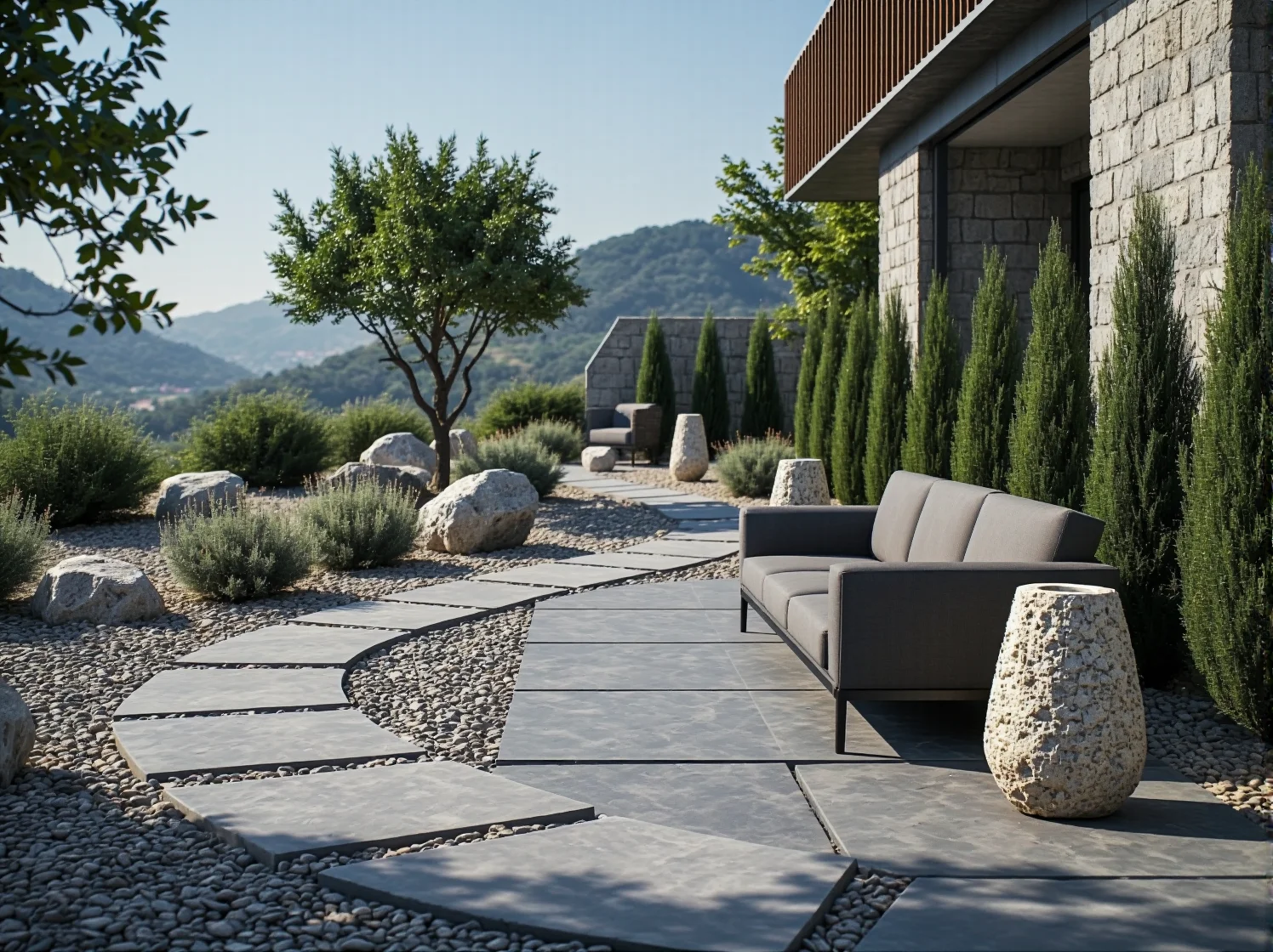 Ciepła barwa światła w strefie wypoczynkowej podkreślająca górski krajobraz