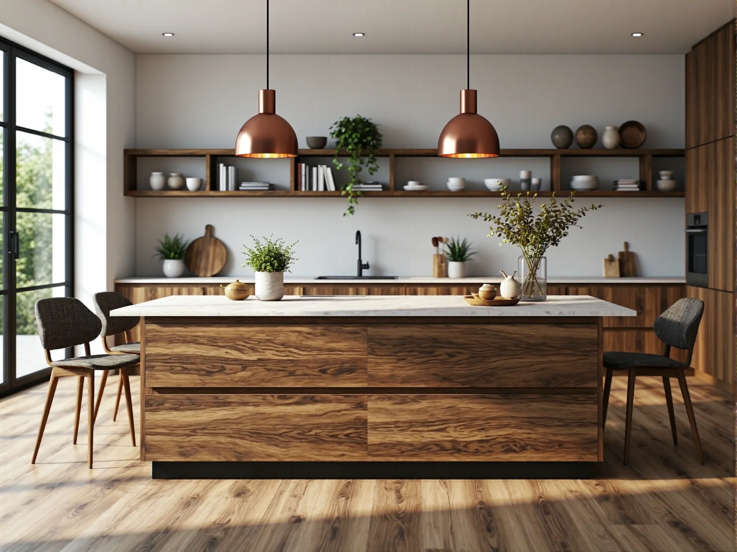 Czarne lampy wiszące kontrastujące z miedzianymi garnkami i uchwytami w kuchni.