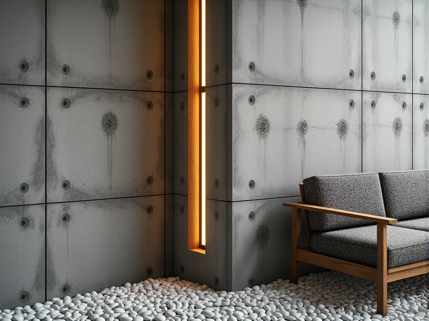 Czarne matowe lampy ścienne kontrastujące z jasnym betonem