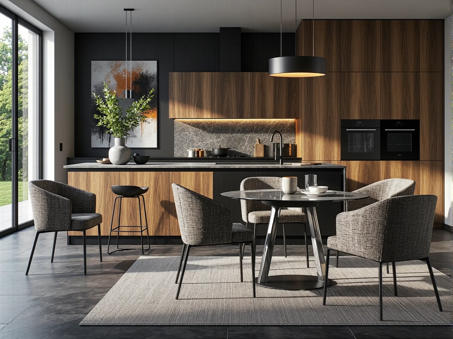 Czarny stół na wysoki połysk w stylu glamour z chromowaną podstawą w nowoczesnej jadalni