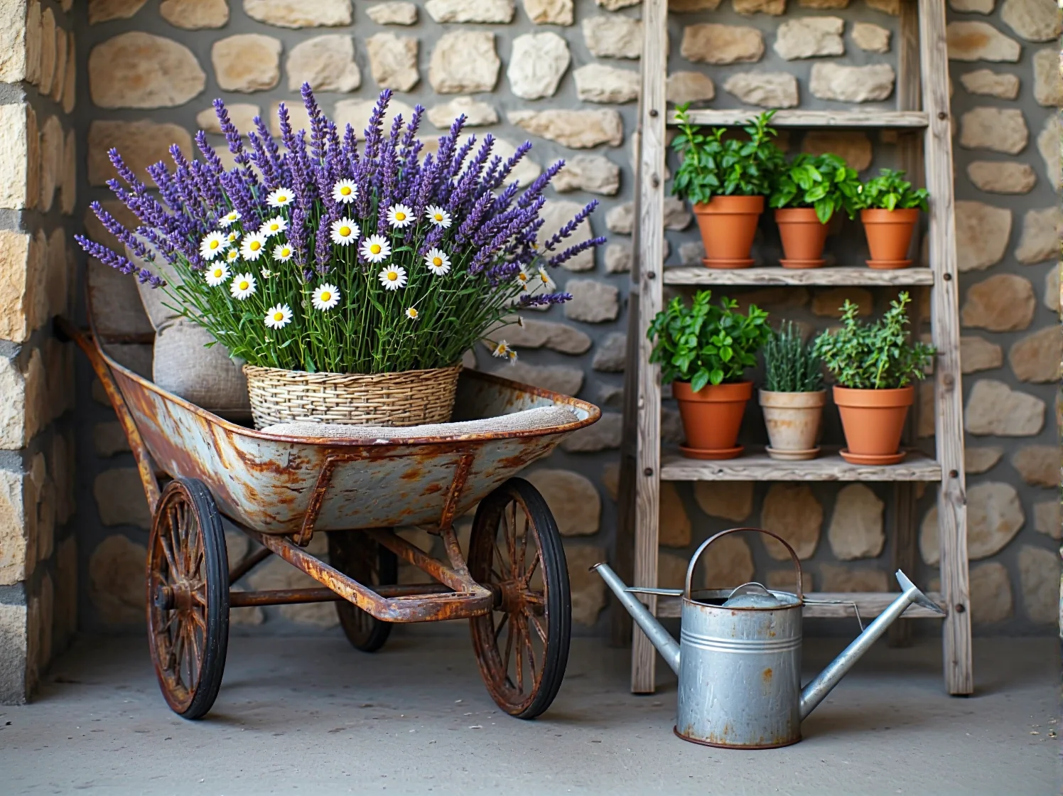Rustykalne dekoracje ogrodowe: gliniane donice, wiklinowe kosze i stare narzędzia jako ozdoby w małym ogrodzie.