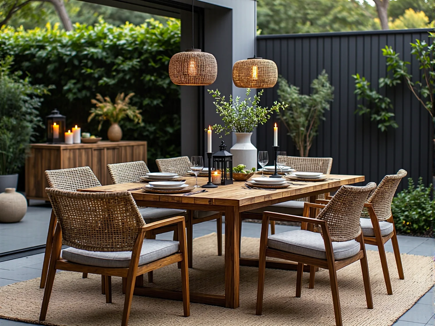 Dekoracyjne lampiony i lampy solarne przy roślinach na tarasie, budujące nastrojową atmosferę wieczorem.