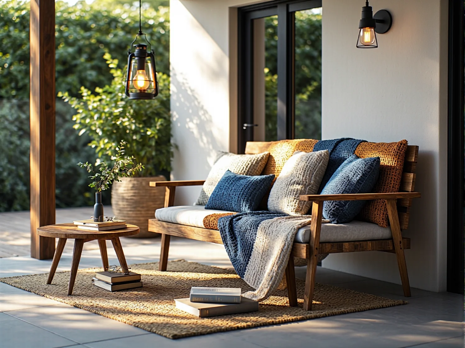 Vintage dodatki na tarasie: kolorowe poduszki we wzory i odnowione stare donice.