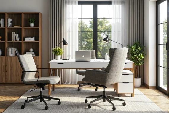 Białe biurko z szufladami na drewnianych nogach w stylu skandynawskim