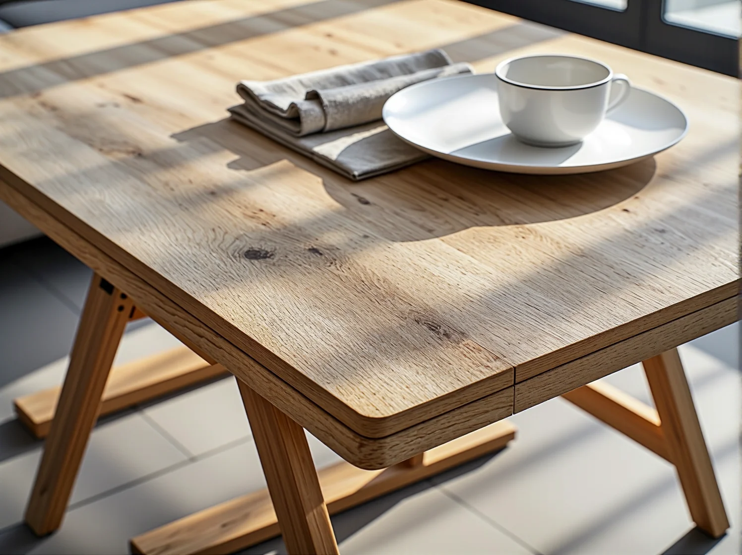 Zbliżenie na mechanizm rozkładania stołu skandynawskiego z jasnego dębu, minimalistyczny design.