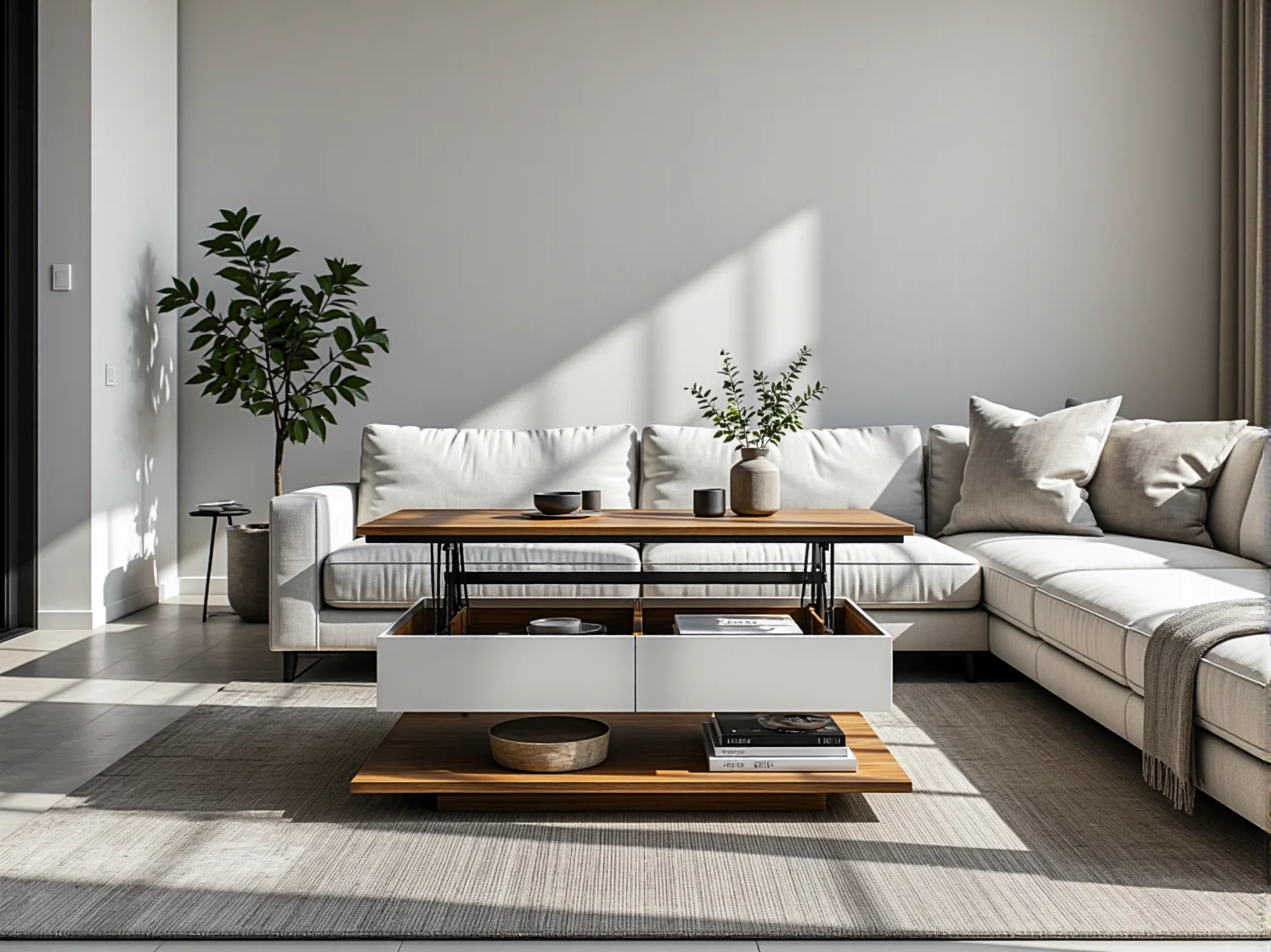 Elegancki drewniany stolik typu lift-top w aranżacji nowoczesnego wnętrza.
