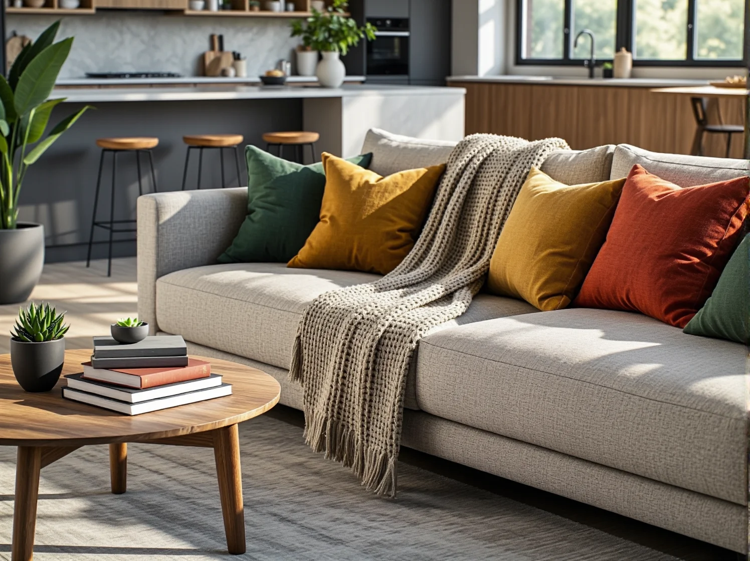 Duży narożnik w kształcie litery U w jasnym wnętrzu otwartego domu