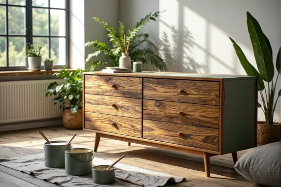 Niska komoda drewniana z sześcioma szufladami na skośnych nóżkach