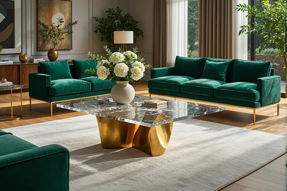 Elegancki stolik kawowy glamour z marmurowym blatem i złotą podstawą