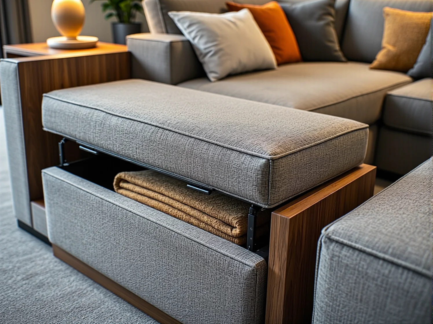 Elastyczna aranżacja salonu dzięki sofie modułowej z ukrytym schowkiem