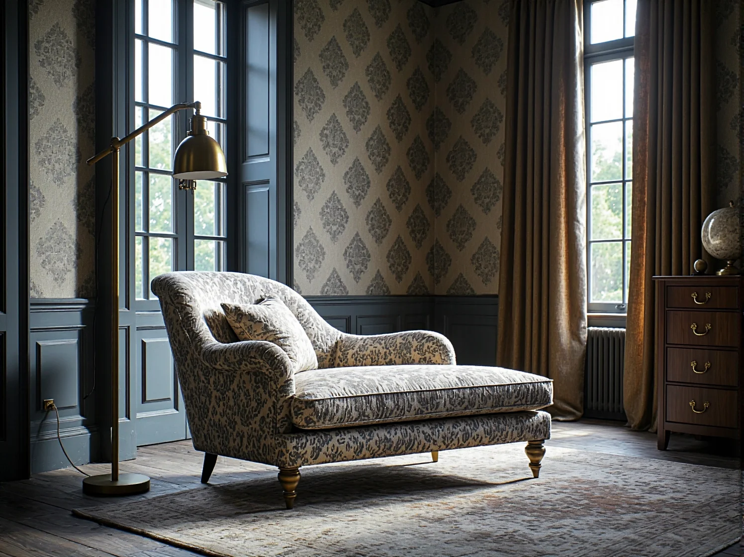 Elegancka lampa stojąca oświetlająca tradycyjną sypialnię ciepłym nastrojowym światłem