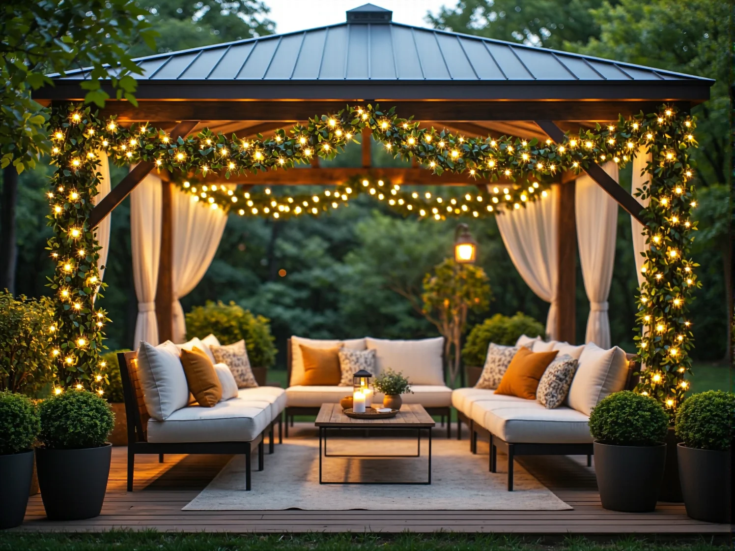 Ekskluzywny zestaw wypoczynkowy do ogrodu z miękkimi, pikowanymi poduszkami.