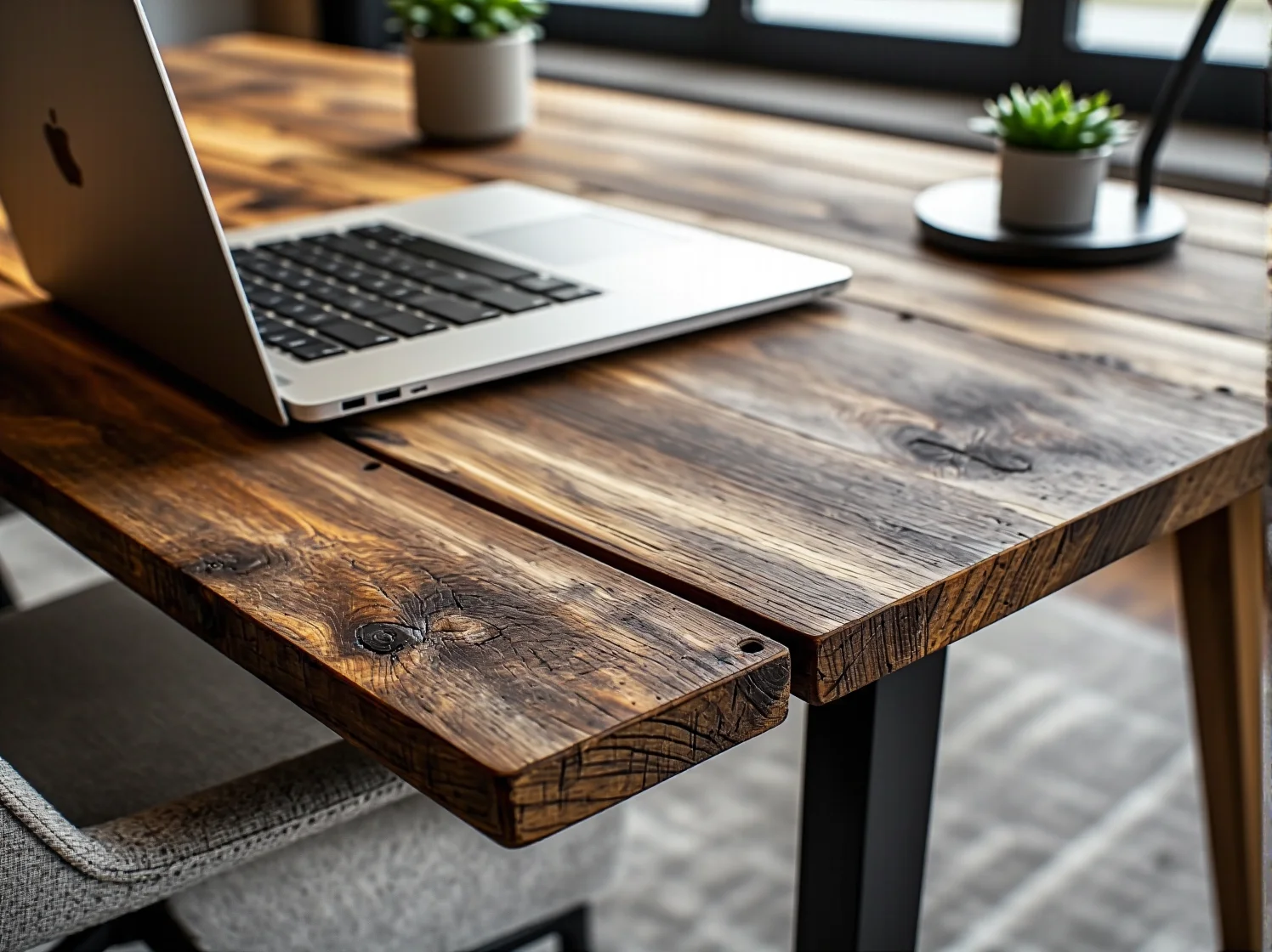 Ergonomiczne biurka z materiałów przetworzonych w ekologicznym biurze open space.