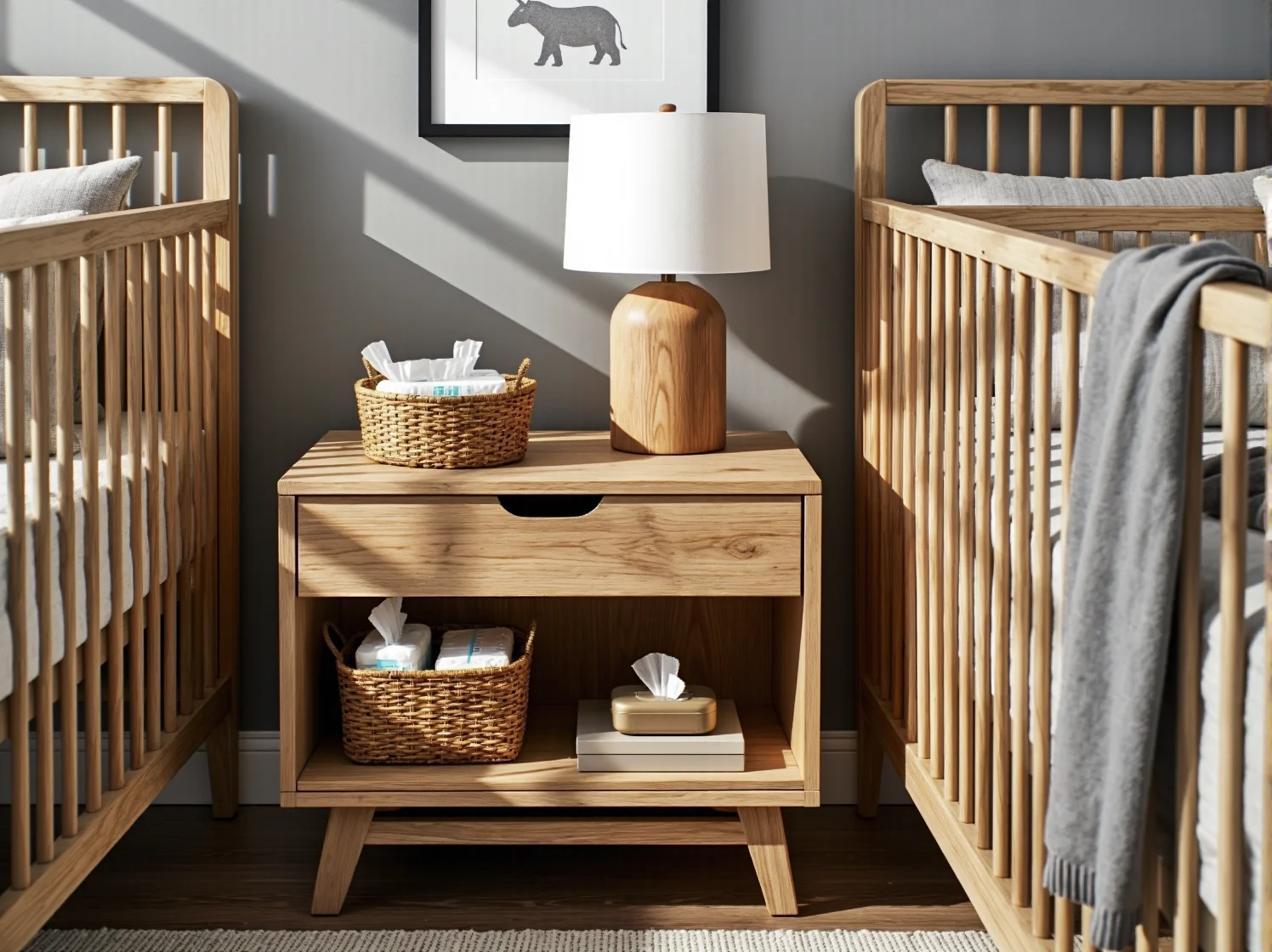 Ergonomiczny układ pokoju bliźniaków z łóżeczkami ustawionymi w literę L