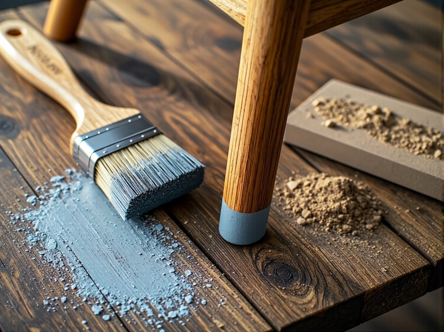 Puszki z naturalną farbą kazeinową i pędzle przygotowane do odnawiania starych mebli.