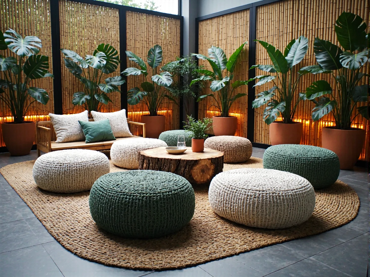 Girlanda świetlna LED na balkonie w stylu boho z roślinami doniczkowymi