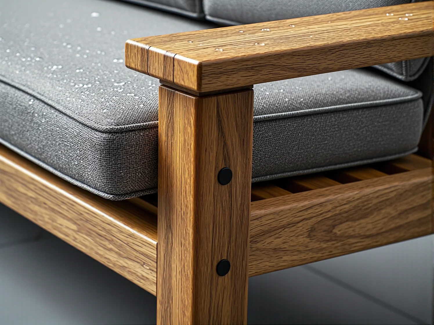 Zbliżenie na impregnowane drewno tekowe ławki ogrodowej zapewniające wysoką trwałość