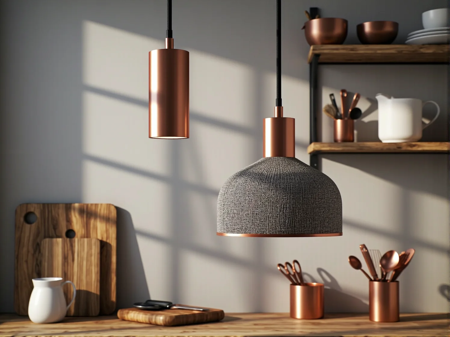 Industrialna lampa wisząca w kolorze miedzi idealnie pasująca do kuchennej armatury.