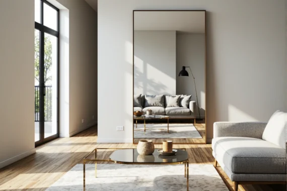 Duże lustro stojące w złotej ramie powiększające optycznie wnętrze