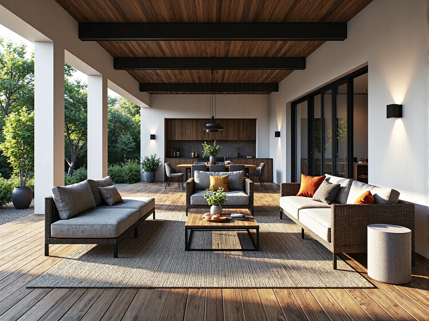 Kinkiety zewnętrzne na elewacji tarasu o wysokiej klasie szczelności IP, odporne na deszcz i wilgoć.