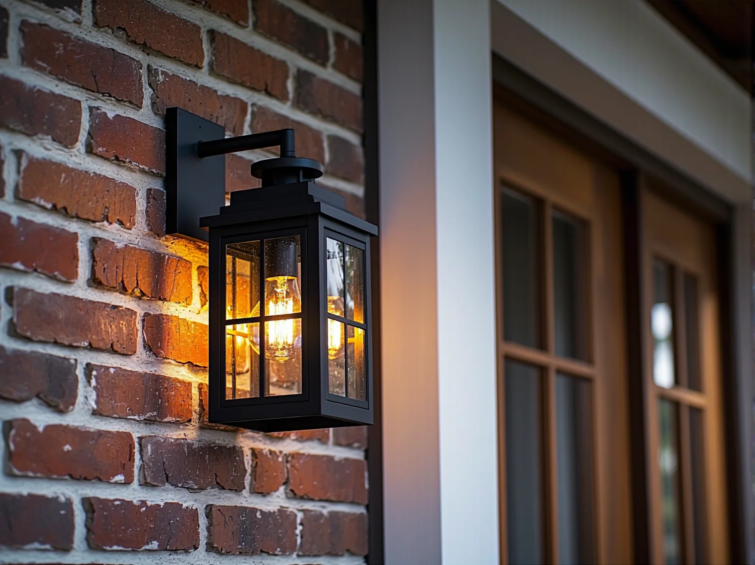 Eleganckie kinkiety zewnętrzne w stylu retro zamontowane na jasnej elewacji domu.