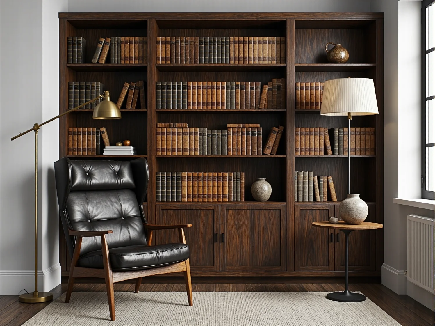 Klasyczna lampa podłogowa ustawiona przy fotelu w przytulnym kąciku czytelniczym