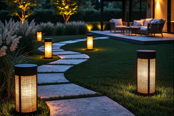 Słupkowe lampy ogrodowe LED z ażurowym kloszem wzdłuż ścieżki