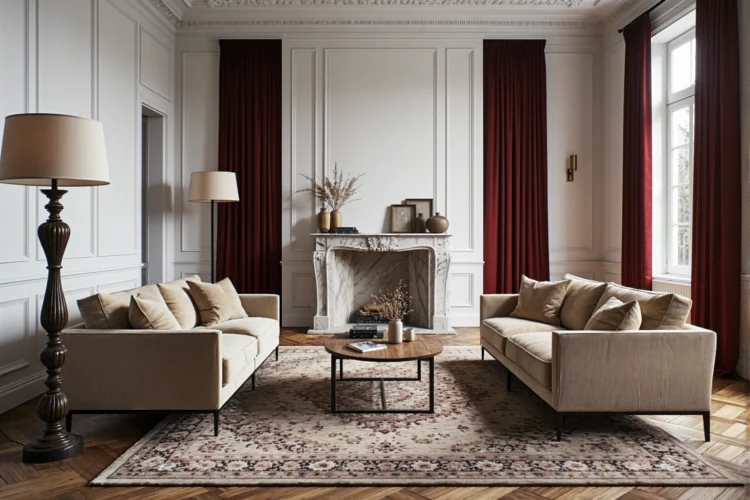 Elegancka lampa podłogowa z rzeźbioną drewnianą nogą i beżowym abażurem