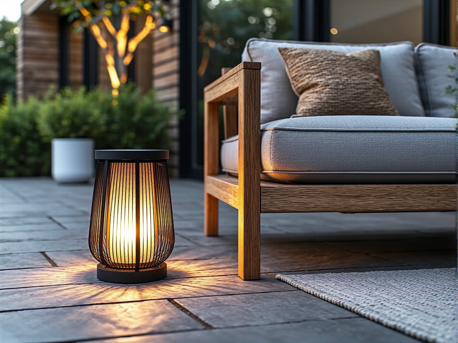 Lampa wisząca nad stołem ogrodowym na tarasie, ciepła barwa światła idealna do kolacji na świeżym powietrzu.