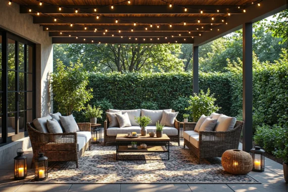 Zestaw mebli ogrodowych rattanowych z jasnymi poduszkami